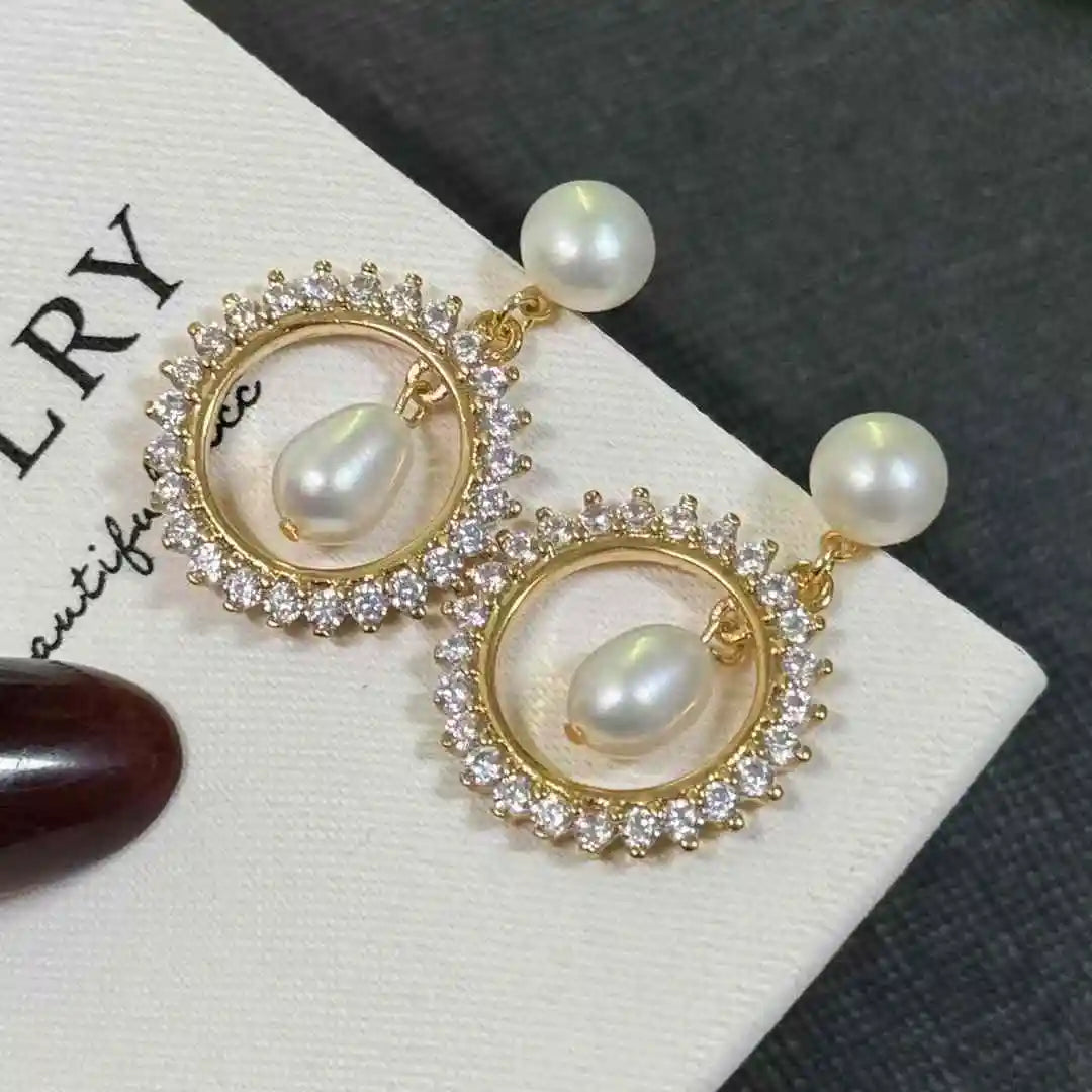 Double Bead Design Sunflower Hoop Earrings 6-7mm Rice Beads & 7-8mm Freshwater Pearl Gold Plated Trendy Perfect Gift for Women