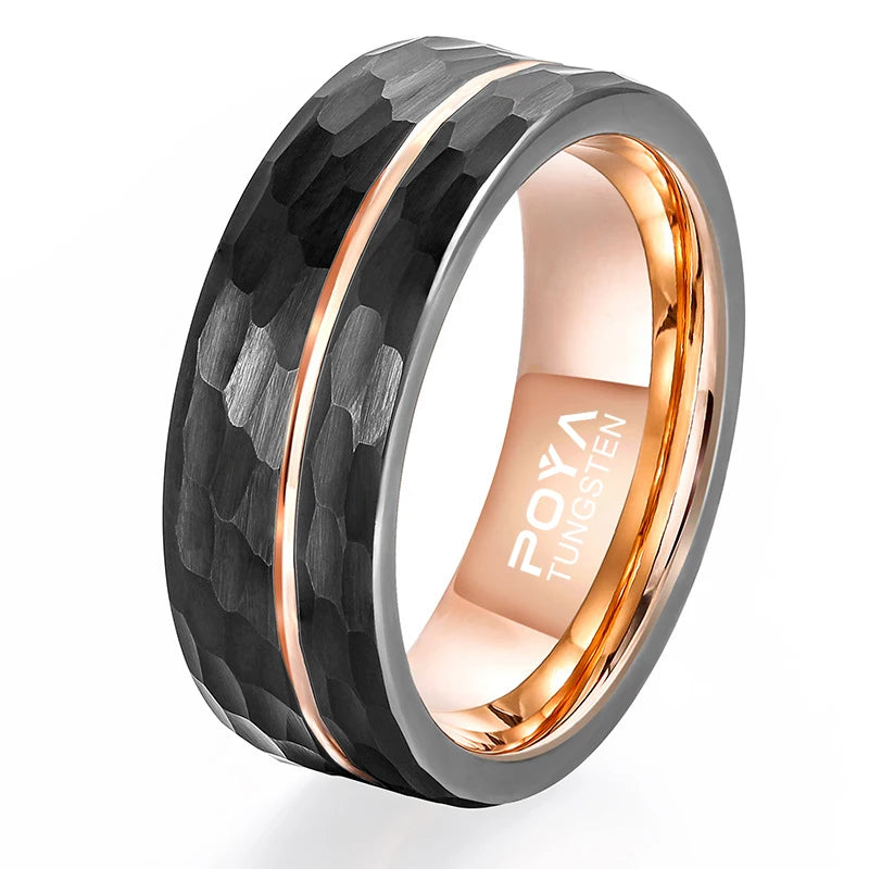 POYA Two Tone Hammered Flat Tungsten Ring 8mm Rose Gold Wedding Band for Men Gift Engagement
