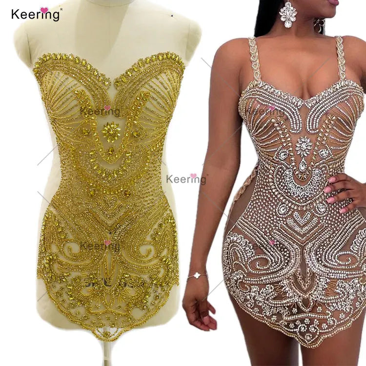 WDP-469 New Designs Gold Color Beaded Patch Bodice Handmade Panel Crystal Rhinestone Fabric Panel