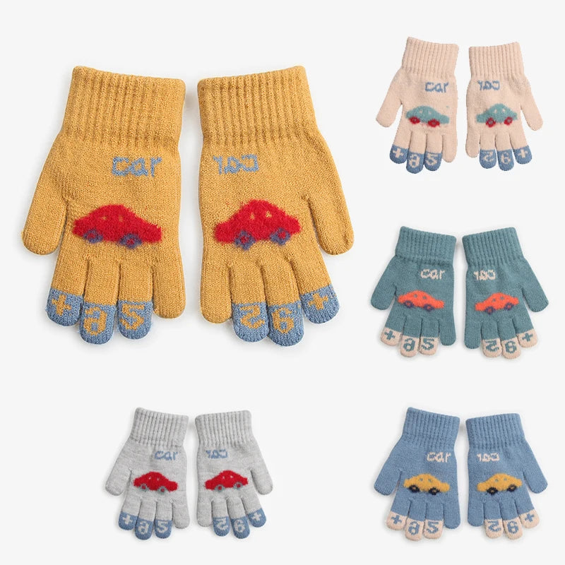 Sewingman J151 5-10 Old Children Kids Cartoon Little Car Jacquard Knit Winter Gloves