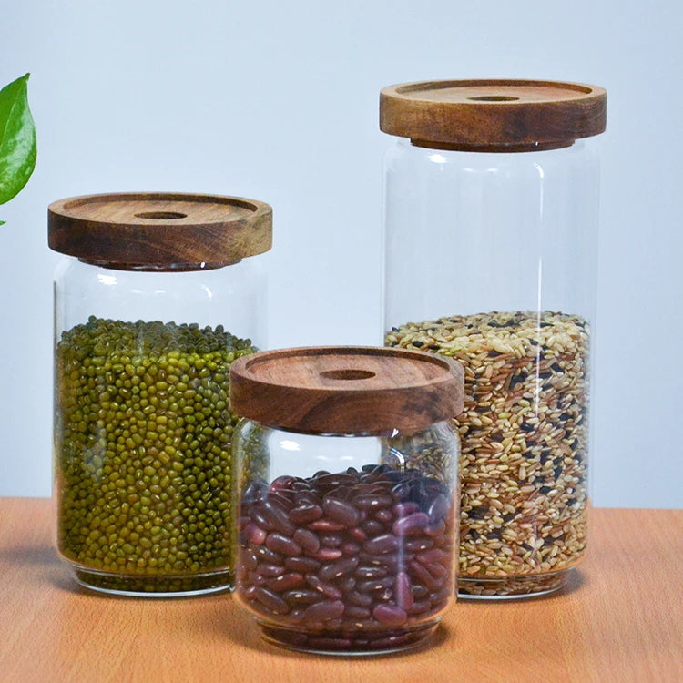 Large 1000Ml Wide Mouth Borolicicate Glass Storage Jar With Acacia Wood Lid