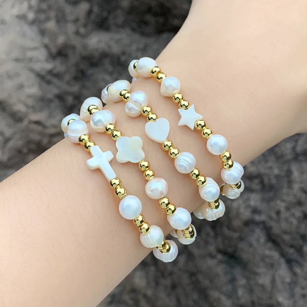 French Style Vintage Baroque Irregular Pearl Heart Bracelet Four-leaf Clover Shell Beads Bracelet for Women