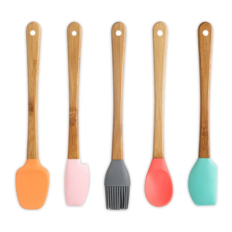 Wholesale Silicone Mini  Wood Handle Small Cake Spatula Scraper Smoother Set 5pcs
