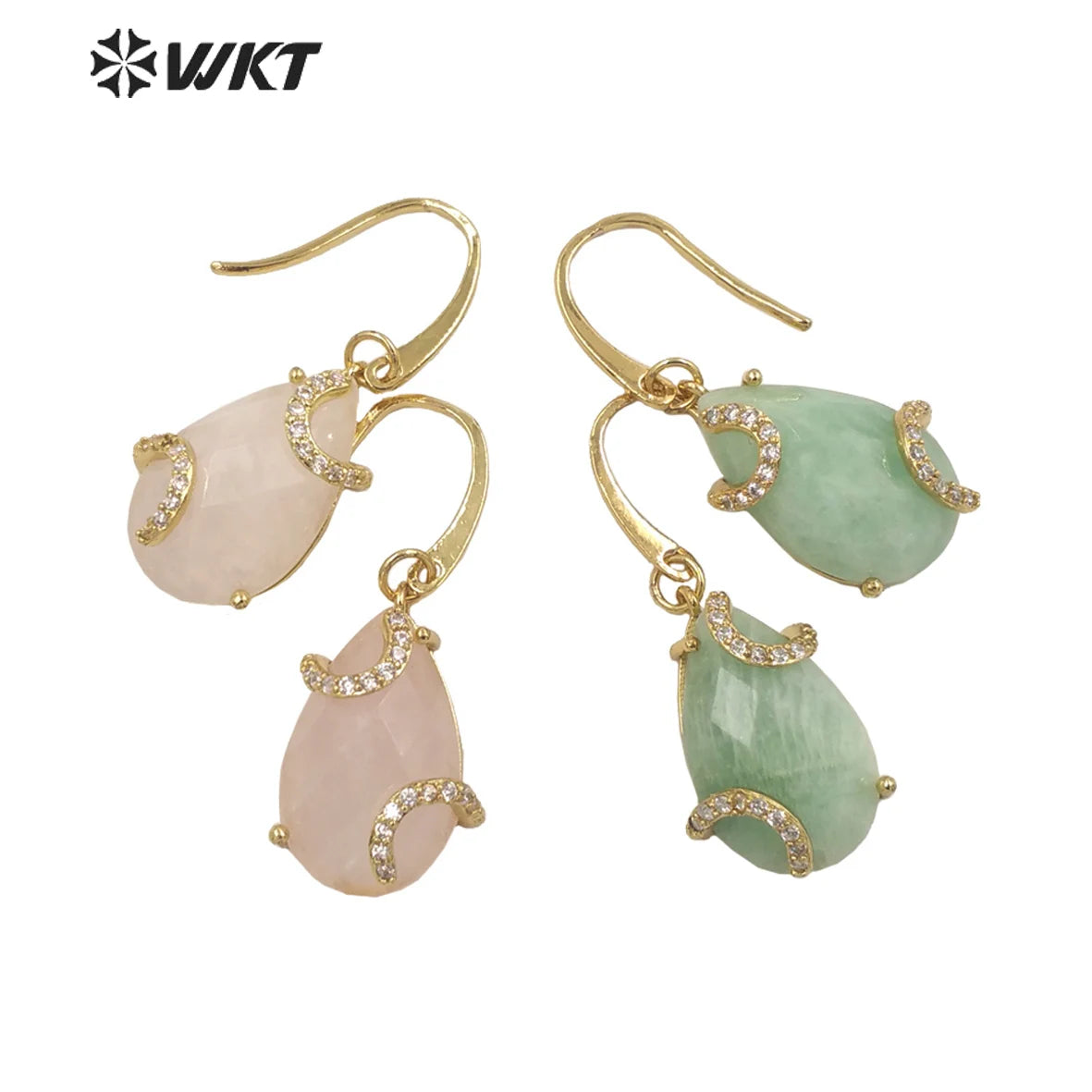 WT-E688 Wholesale Fashion Gold Prong Setting Natural Teardrop Stone Earrings Gorgeous Faceted Gemstone Micropaved Pear Earrings