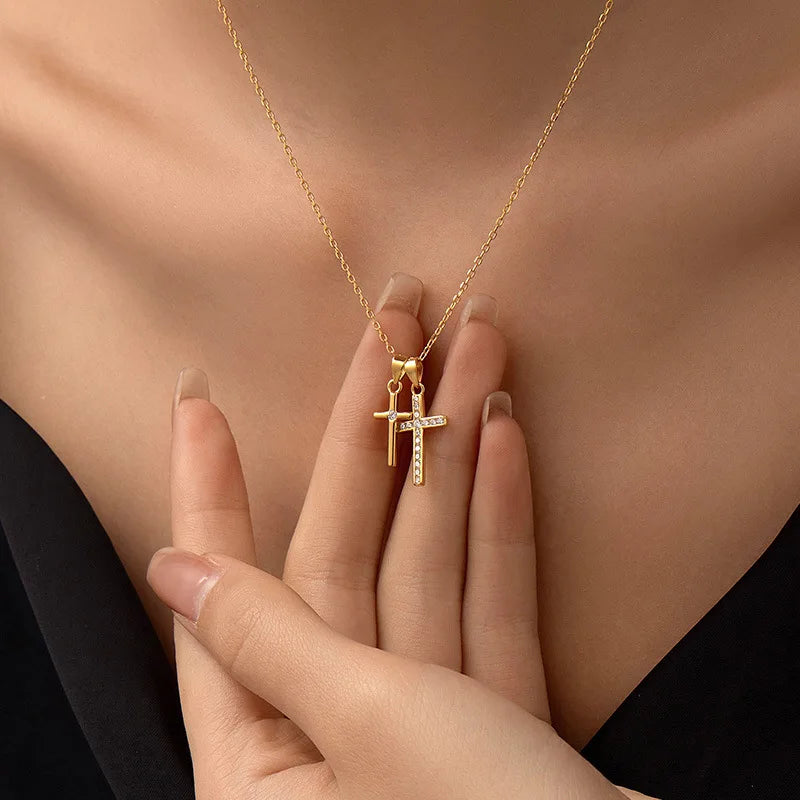 Fine Jewelry 925 Sterling Silver Double Cross Pendant Necklace Women Niche Design 925 Silver Collarbone Chain Necklace Jewelry