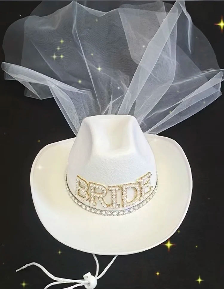 Custom Wholesale in Stock Polyester Felt Cowboy Hat Veil Diamond Design Cowgirl Hat Wedding White Bride Party Hat