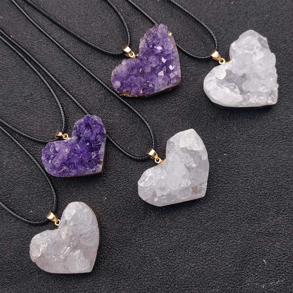 Wholesale Unique Mineral Jewelry Natural Amethyst Heart Pendant Raw Uruguay Crystal Cluster with Druzy 2-3.5cm MOSAIC Technique