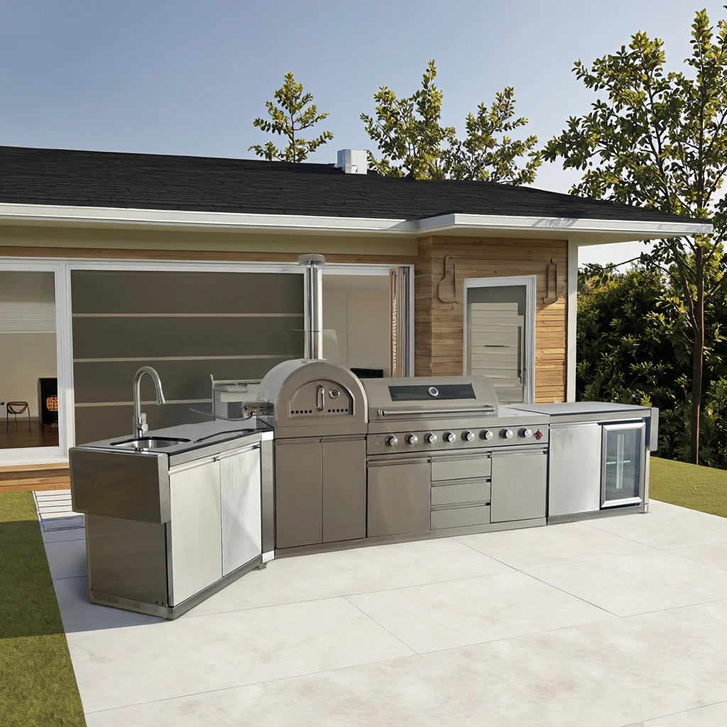 Modern Premium Stainless Steel 8-Burner Outdoor Gas BBQ Grill Pizza Oven Side Burner Fridge Family Fun Cooking Corner