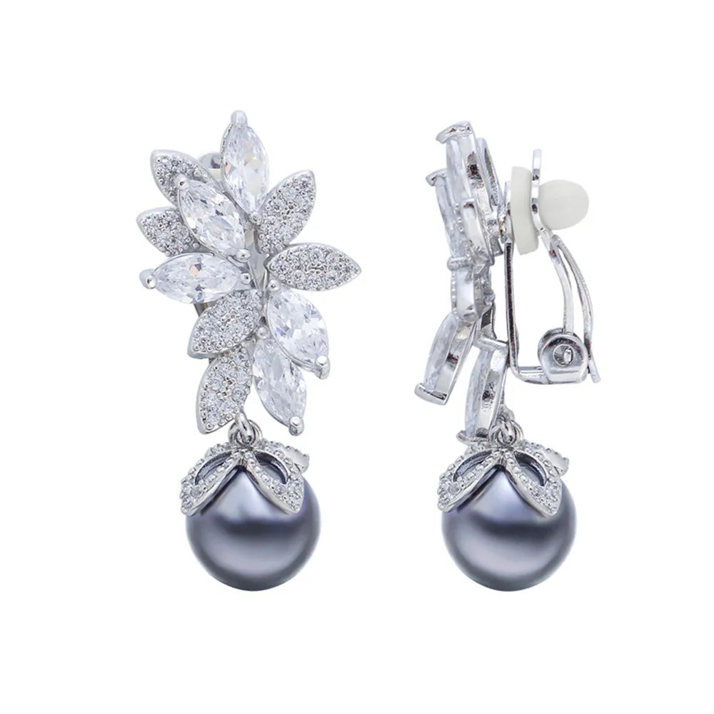 Fashion Silver Color Cubic Zircon Leaf Gray Pearl Drop Clip on Earrings Non Pierced for Women Costume Party Jewelry Accessories