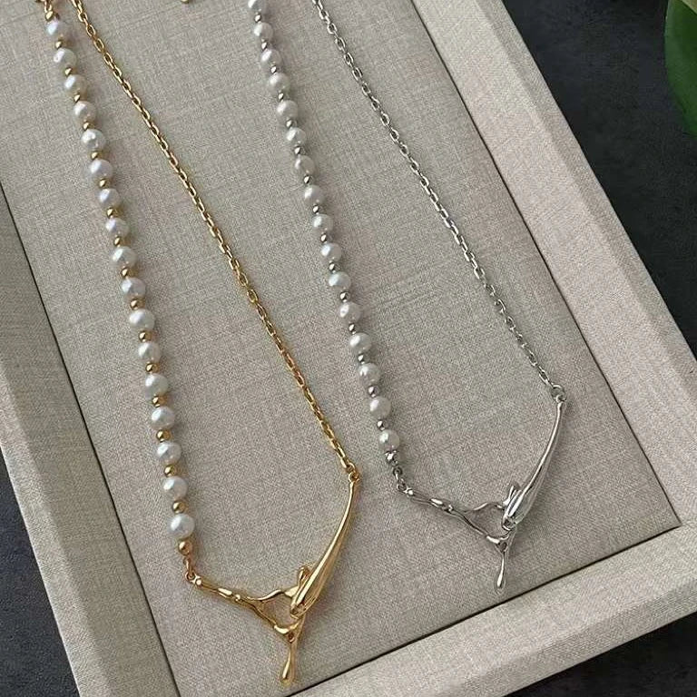 Gold and Silver Two Color Y Tree Branch Necklace 5-6MM Natural High-quality Freshwater Pearl Necklace Women's Pearl AB Chain
