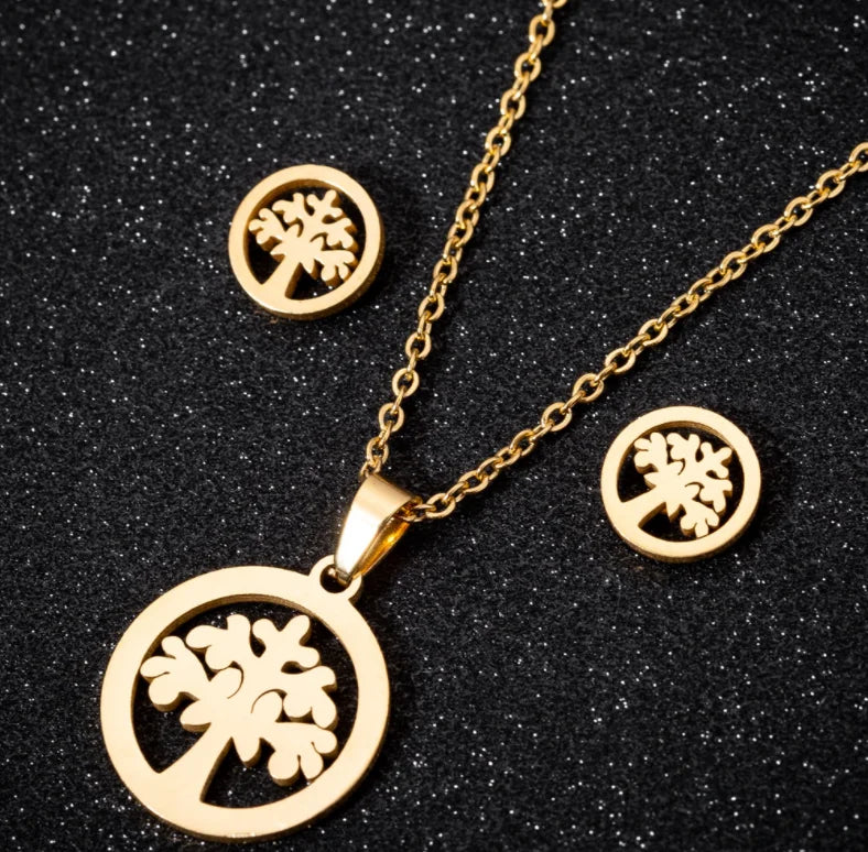 Custom 18k Gold Plated Tree Cactus Heart Charm Necklace Earring Dainty 316 Stainless Steel Couple Necklace for Bride Jewelry Set