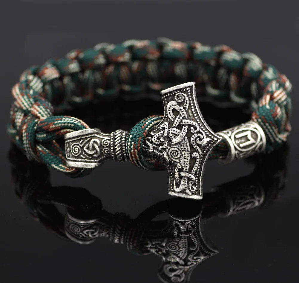 Fashion Handmade Camouflage Milan Rope Braided Bracelets Men Vintage Nordic Myth Viking Rune Thor's Hammer Bracelets Bangles