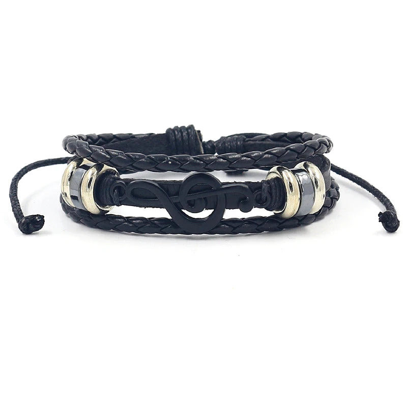 Fashionable Trend Creative Weaving Beaded Bracelet Black Music Symbol Guitar Bracelet Multi-layer Leather Bracelet Men