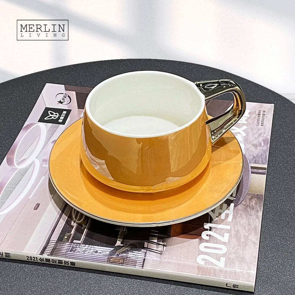 Merlin Living Artistic Nordic Gold Plated Luxury Tableware Set Wholesale Ceramic Coffee Tea Milk Mug Cup Saucer Waterproof Home