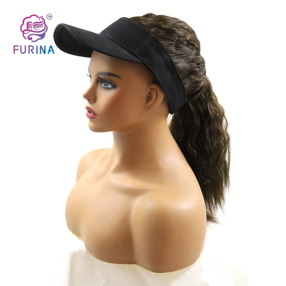 Furina Fashion Cheap 22inch Brown Kinky Curly Synthetic Ponytails Hair Extensions Wig With Hat for Women