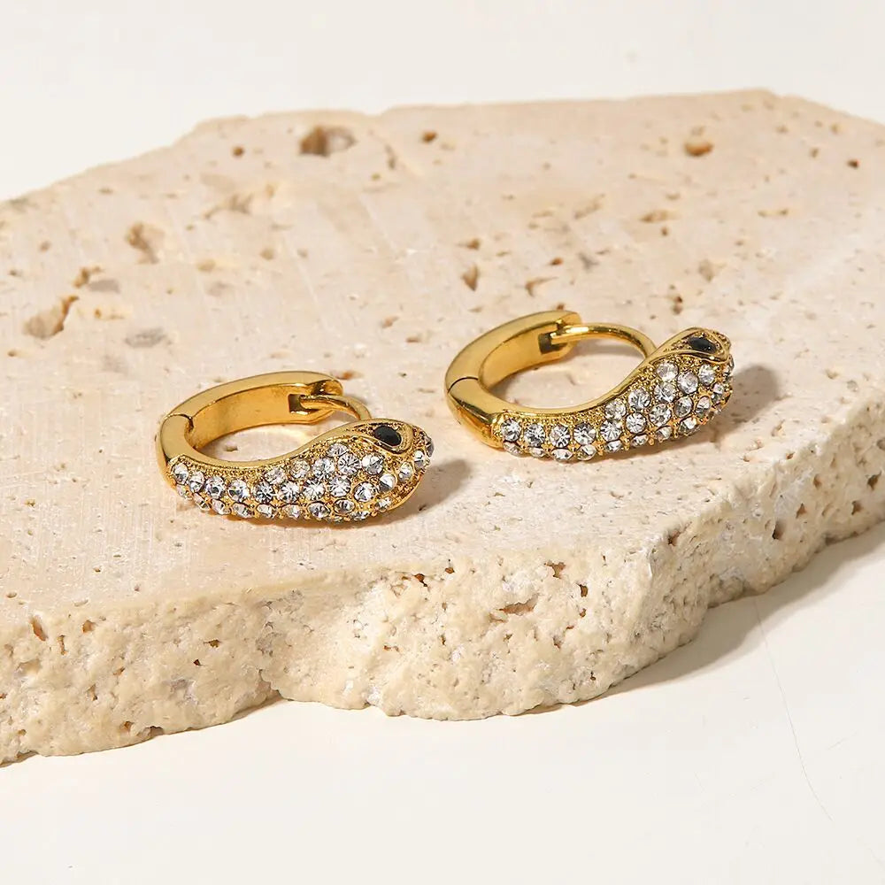 18K Gold Plated Stainless Steel Micro Pave CZ Diamond Bling Snake Huggie Hoop Earrings Fashion Dainty Women's Drop Jewelry