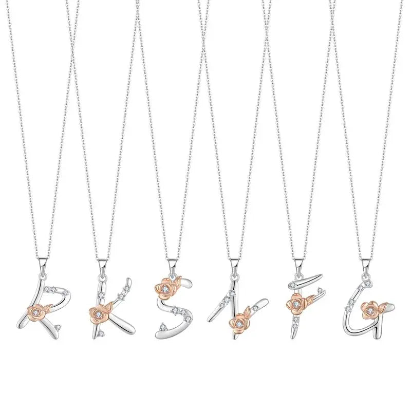 2024 New Fashion Pure Sterling Silver K Letter Alphabet Necklace With Rose Jewellery Silver 925 Charms Pendant