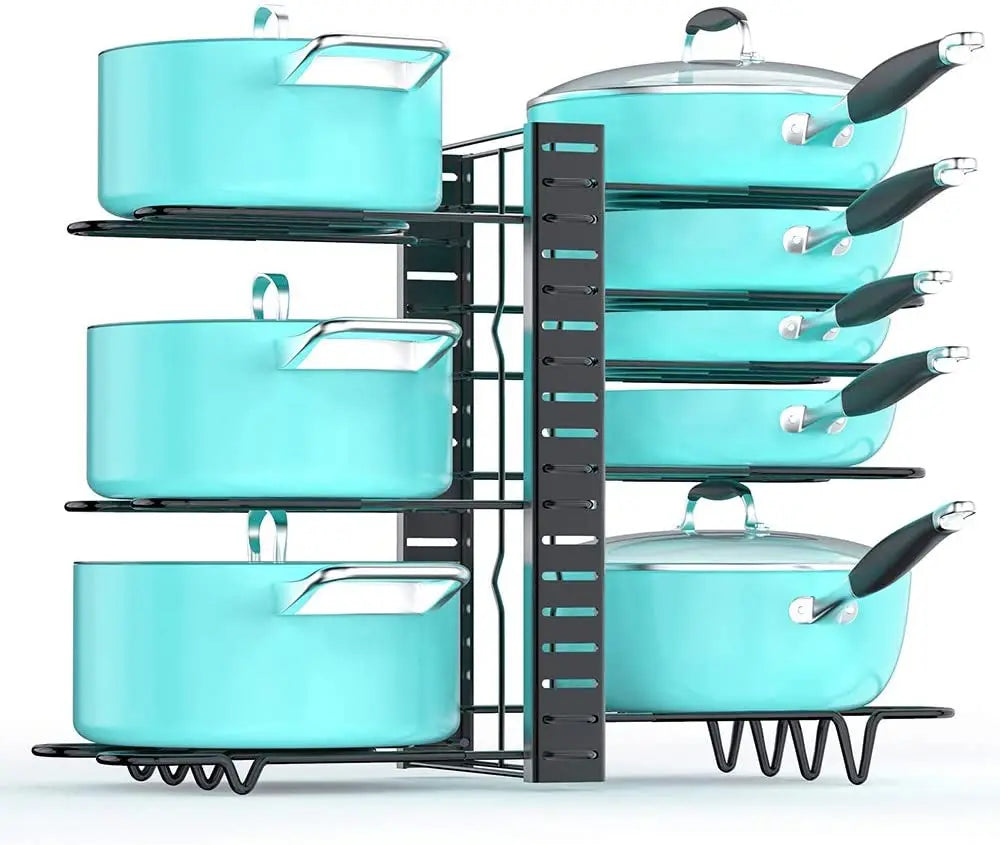Heavy Duty Multi-Tier Adjustable Pot and Pan Organizer Rack with Obstructed Slip Layer for Kitchen Cabinet Storage Box Packed