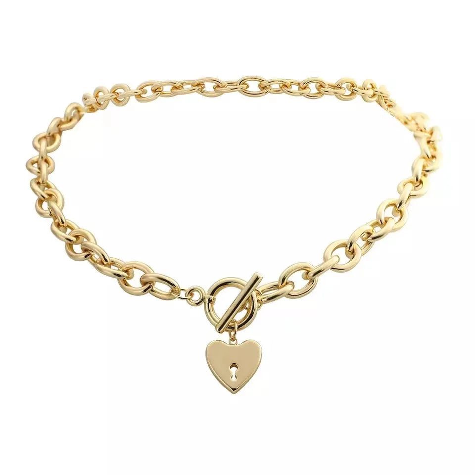 Trendy Stainless Steel Peach Heart Lock Shaped Pendant Gold OT Button Chain Link Necklace Jewelry