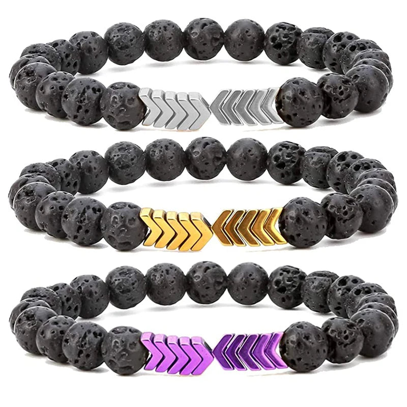 Wholesale 8mm Lava Rock Beads Hematite Arrow Diffuser Natural Stone Bracelet Yoga Beads Elastic Jewelry Set for Women Men