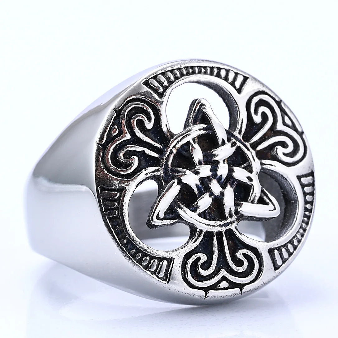 OAHLAN Fashion Jewelry Rings Vintage Round Signet Celtic Knot Stainless Steel Ring for Men Finger Wedding Band Size 5-14