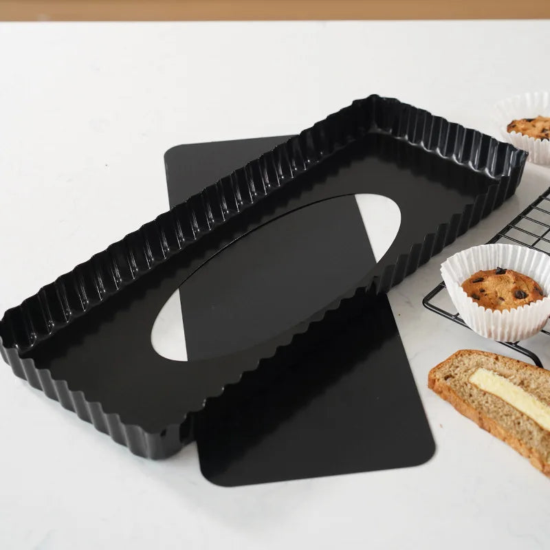 Heat Resistant Rectangle Tart Pie Pan Nonstick Carbon Steel with Loose Bottom and Wavy Edge Metal Material