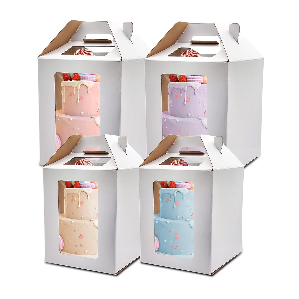 White Recyclable Cardboard Raised Foldable Portable Birthday Cake Cookies Pastry Packing Carton with Window Baking Box