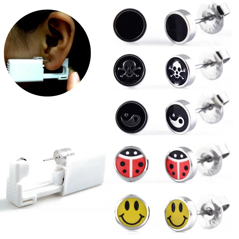 Hip Hop Style Disposable 316L Stainless Steel Ear Piercing Kit Low-Pain Earring Stud with Puncture Tool for Children and Women