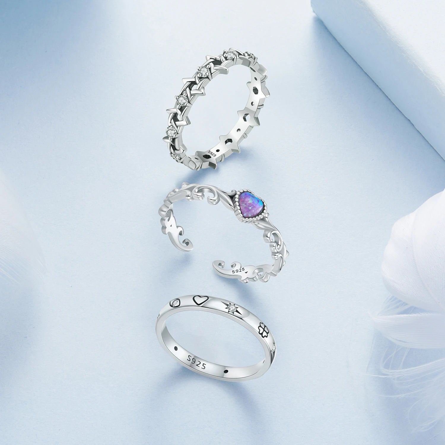 New Fashion Lucky Guardian S925 Sterling Silver Cz Rings Opal Retro Pattern Heart Ring Hexagram Ring Wholesale