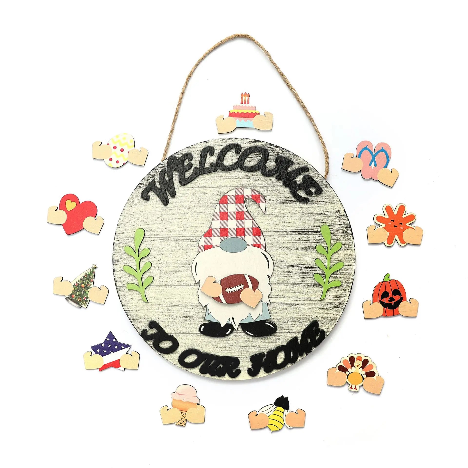 Rustic Interchangeable Wood Seasonal Gnome Welcome Round Door Signs for Front Porch Wall Hanging Sign Ornaments