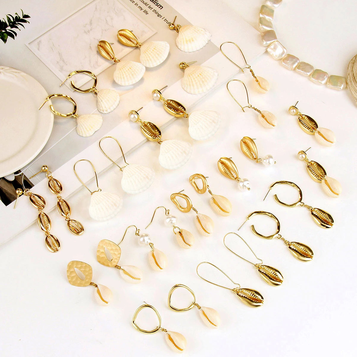 Wholesale Baroque Style Gold Plated Metal Natural Sea Shell Pendant Earring Jewelry for Women