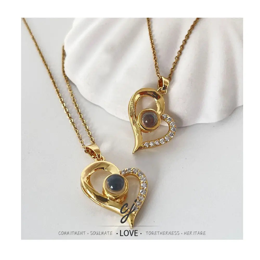 Carline Wholesale Gift Photo Projection Brass 100 Languages I love You Necklace Gold Plated Heart Diamond Jewelry for Women