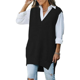 Women's Oversized V-Neck Knit Sweater Vest Tunic Sleeveless Pullover Top