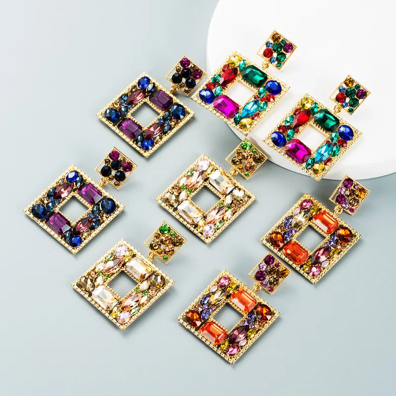 Euro American Baroque Style Alloy Glass Drill Colorful Geometric Earrings Womens Party Fashion Jewelry Earrings