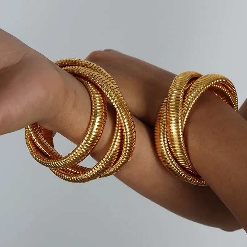 Aretas Vintage Hip Hop Stainless Steel Snake Chain Bracelet Triple-Layered Gold Waterproof Thick Chunky Bracelet Bangle Diamond