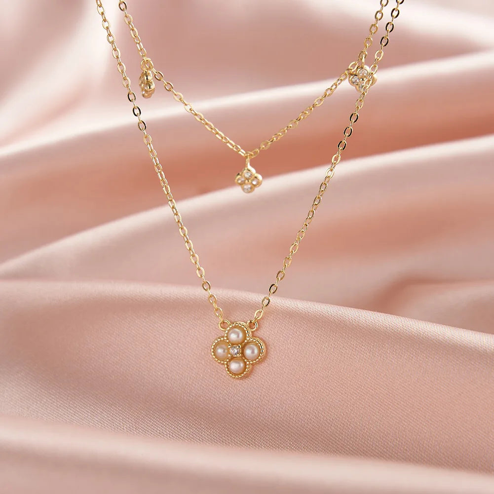 RINNTIN GPN80 5A Cubic Zirconia Necklace 925 Sterling Silver Double Chain Necklace Four Leave Clover Freshwater Pearl Necklace