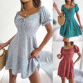 Women Summer Flower Print Drawstring Short Sleeve Crew Neck High Waist Casual Dresses