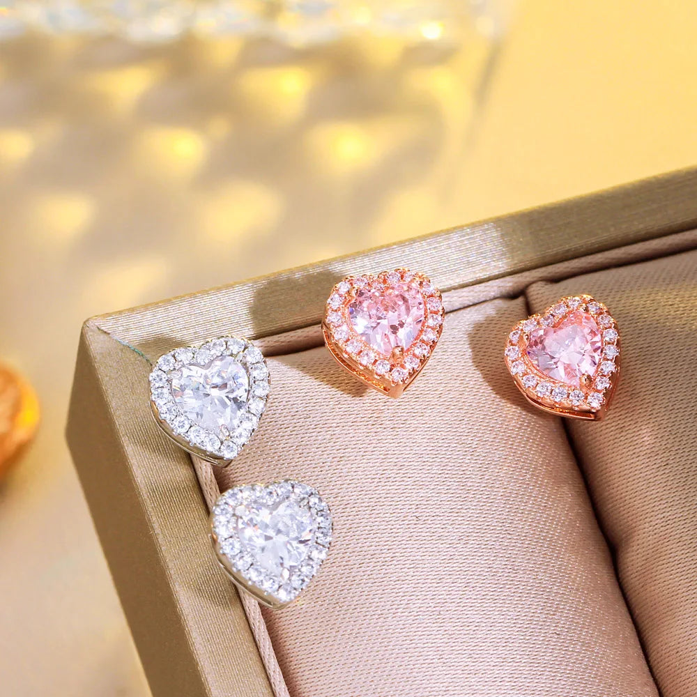 Fashion Gifts Women Pink Cubic Zircon Crystal Small Love Heart Shape Stud Earrings for Bridesmaid Party Walentines Day Jewelry