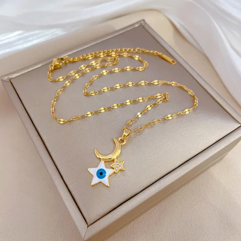 Trendy Adjustable Stainless Steel Chain CZ Moon Star Necklace Vintage Star Shape Blue Eye Necklace Jewelry for Women Girls