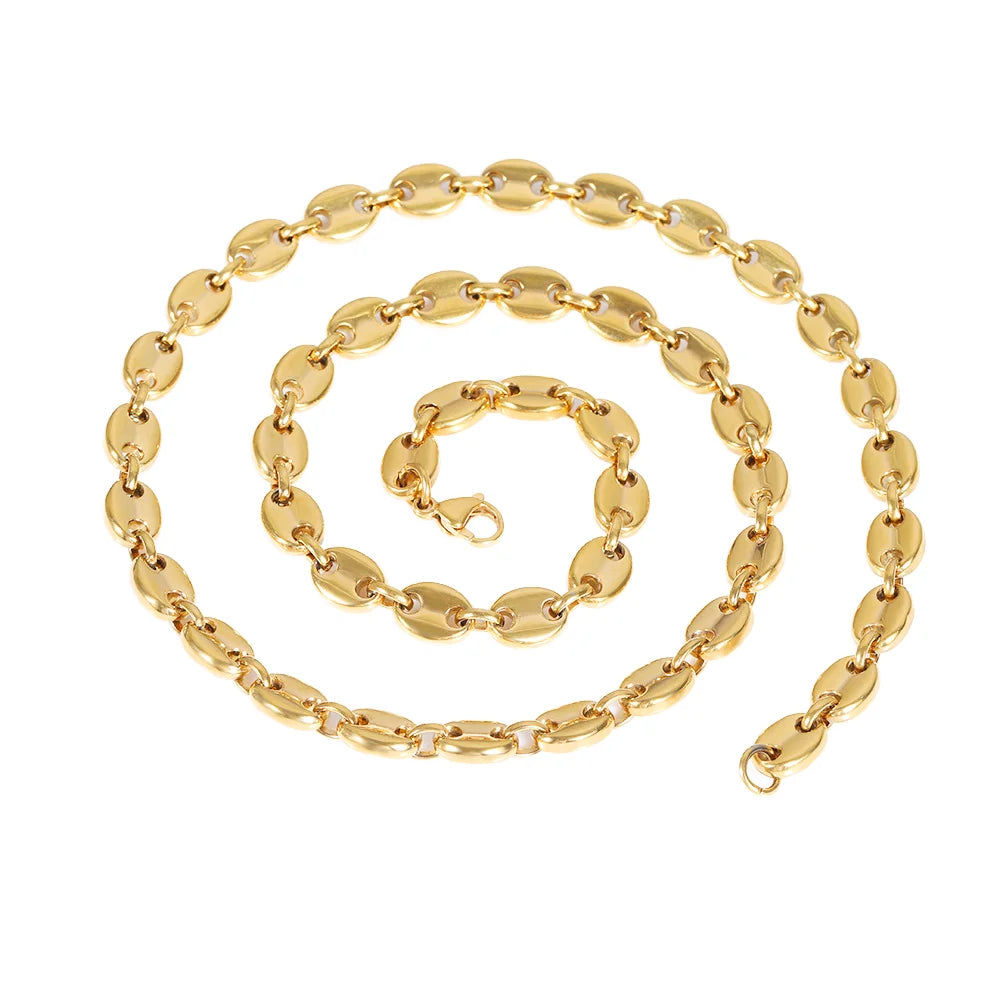 Hot 18K Gold PVD Vacuum Plated Stainless Steel Hip Hop Punk Bracelet Necklace Set 5mm 6mm Link Factory Wholesale Price for Gift
