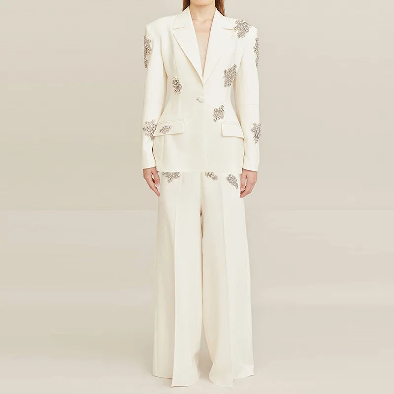 2024 European American Fashion Women's Office Lady Sets One-Button Solid Pattern Long Tops Diamond Beading Wide-Leg Pants New