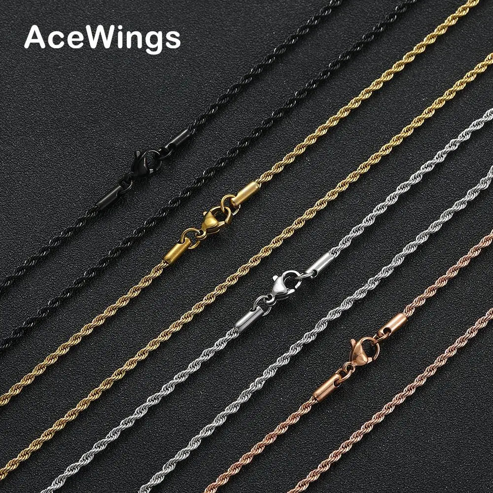 SC008  2mm 16" 18" 20" 22" 24" 30" Stainless Steel Rope Chain Hip Hop Chain Necklace Gold Silver Black Rose Gold