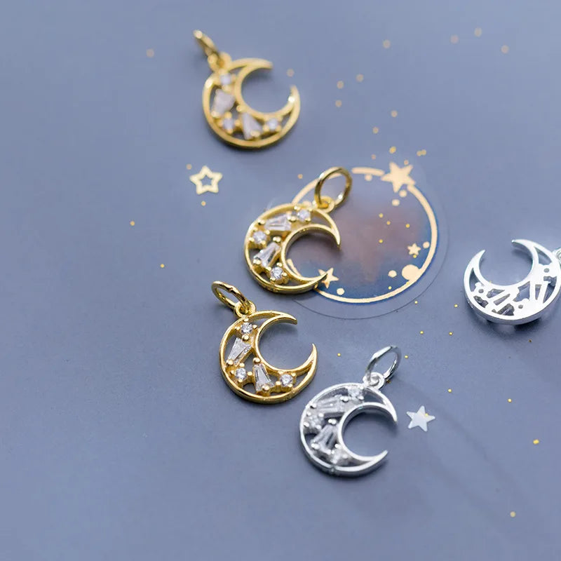 Delicate Pendant 925 Sterling Silver Zircon Hollow Moon Charm for Jewelry Necklace Bracelet Accessories