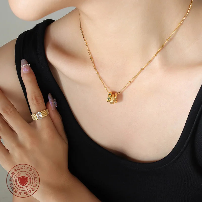 Unique Design New Fashion Trendy Gold Plated Stainless Steel Three Hoop CZ Pendant Choker Necklace for Women Girl Gift P708