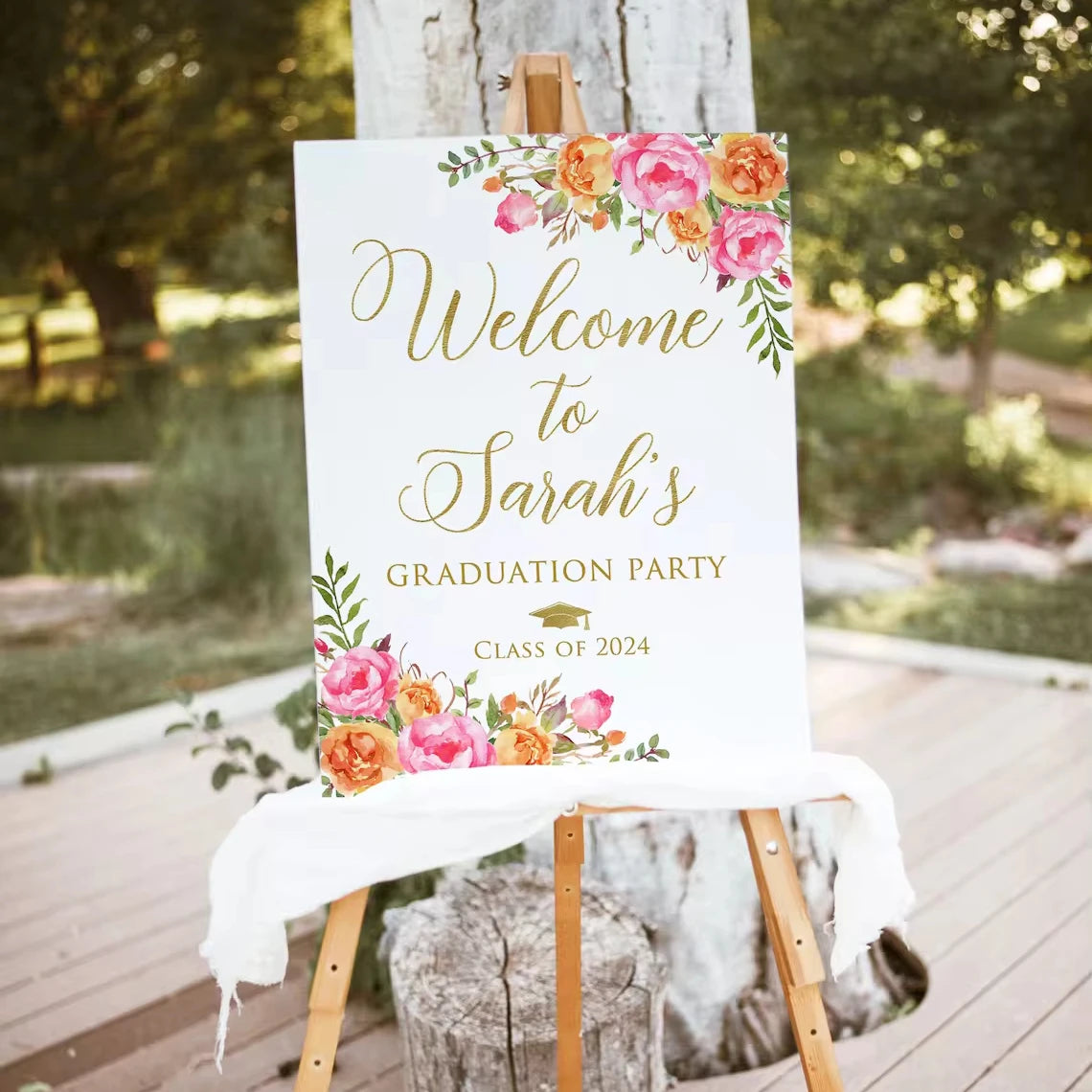 Hot Pink Orange Floral Graduation Party Decor clear White Black Acrylic Welcome Sign Board