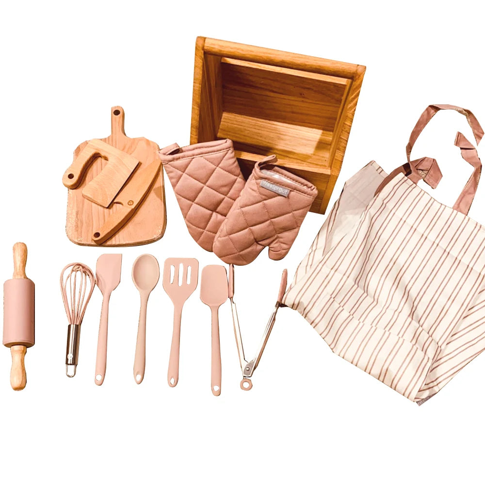Wooden Kids Safe Knife and Baking Set Real Cooking Toddler Kitchen Tools for Little Chefs and Cake Decorating