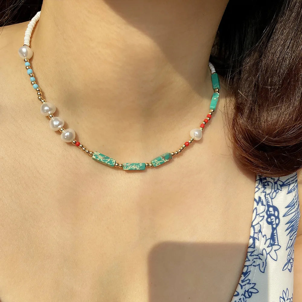 Wholesale New Fashion Beaded Necklace Boho Natural Stone Beads Necklace Handmade Pearl Beaded Necklaces for Women