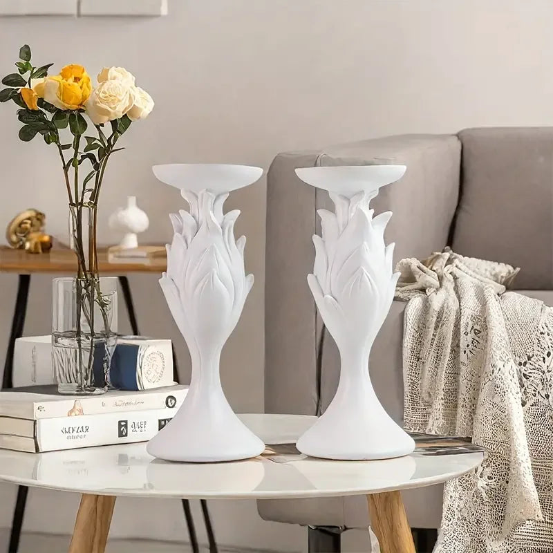 Modern Essential White Resin Candle Holders Set of 2 Fluted Column Design Elegant Home Decor for Tabletop and Shelf