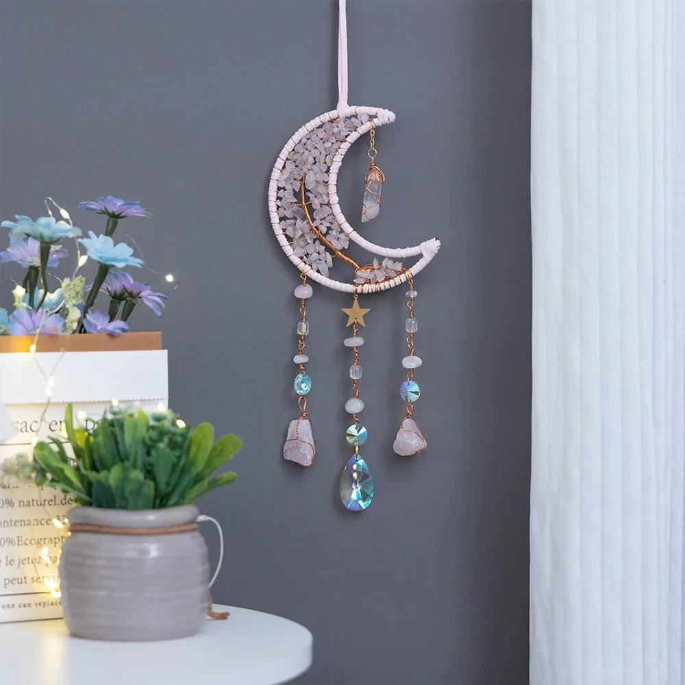 Rose Quartz Natural Crystal Energy Catcher Pendant Moon Hanging Decor Sun Catcher Ornament for Home Feng Shui Hanging Decor