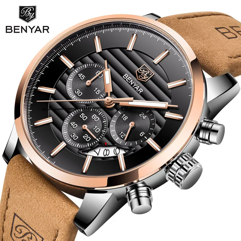 BENYAR 5104 Watch Luxury Genuine Leather Mens Quartz Watches Fashion Waterproof Luminous Chronograph Men Casual Sports Wrist